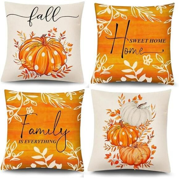 Fall Pumpkin Pillow Covers 18x18 Set of 4 Linen Throw Cases Autumn Thanksgiving - Picture 7 of 7